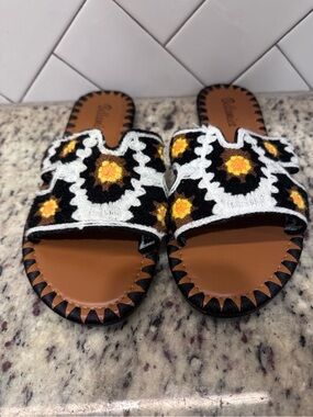 Bellamica Embroidered Slide Sandals in Black, White & Yellow